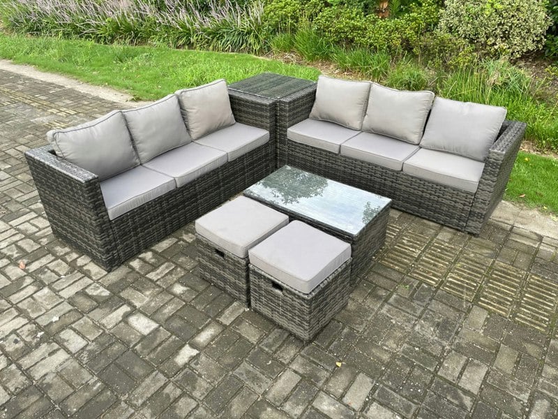 Fimous Rattan Garden Furniture Set Outdoor Patio Sofa Set with Oblong Coffee Table Side Table 2 Small Footstools 8 Seater Dark Grey Mixed
