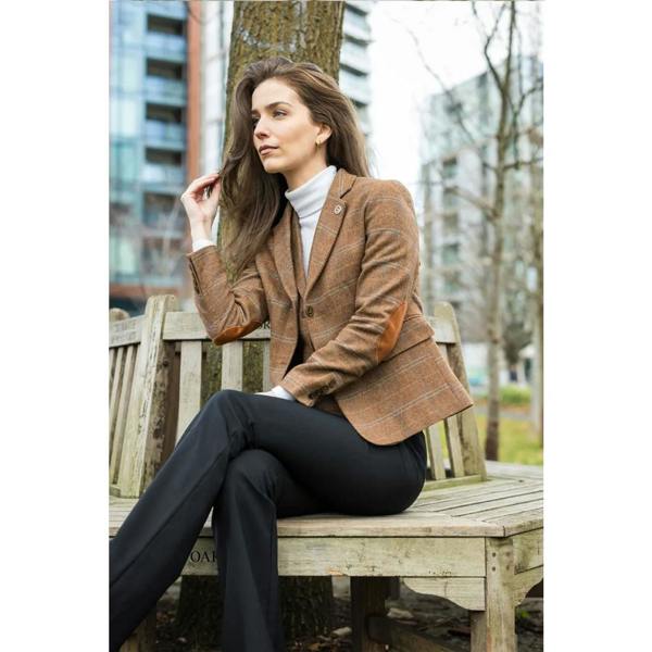 TruClothing Women's Oak Brown Tailored Fit Tweed Blazer in Herringbone Check