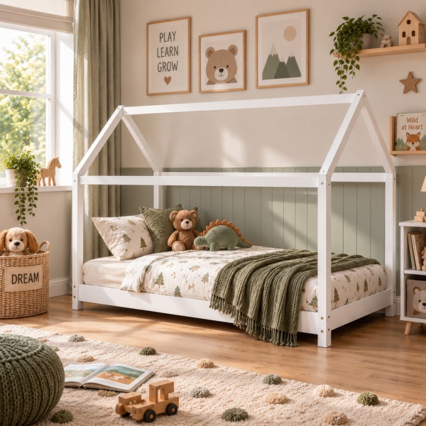 Maserri Ely Montessori House Bed for Kids, White Solid Pine, 3FT Single