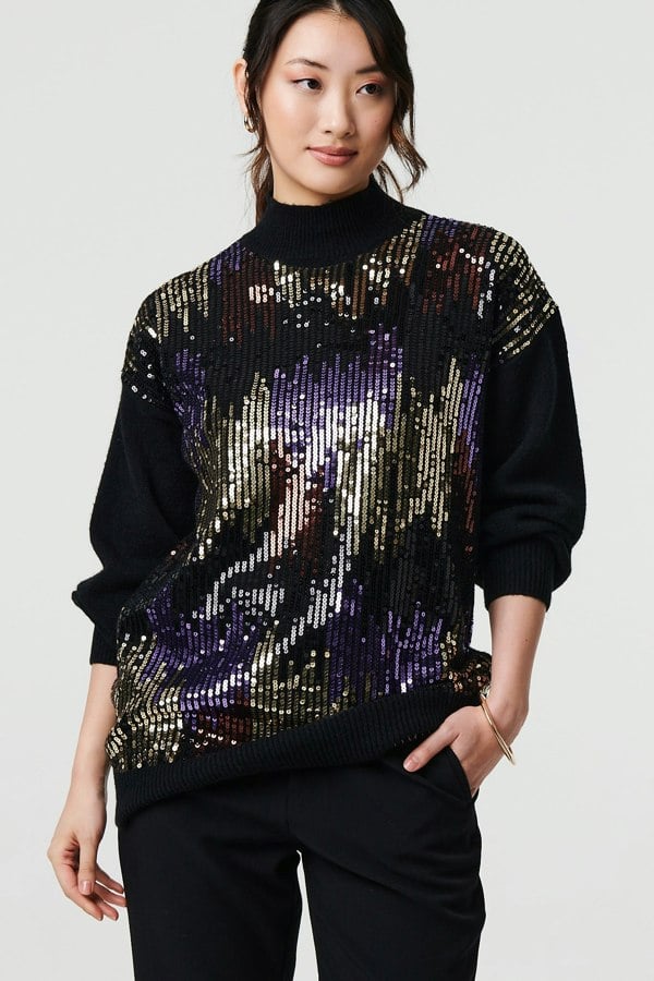 Black | Sequin Embellished Puff Sleeve Jumper

