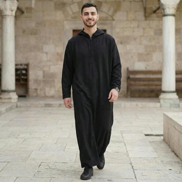 HM12 - Men's Hooded Suede Emirati Omani Zipped Thobe - Black - Thobez - 9