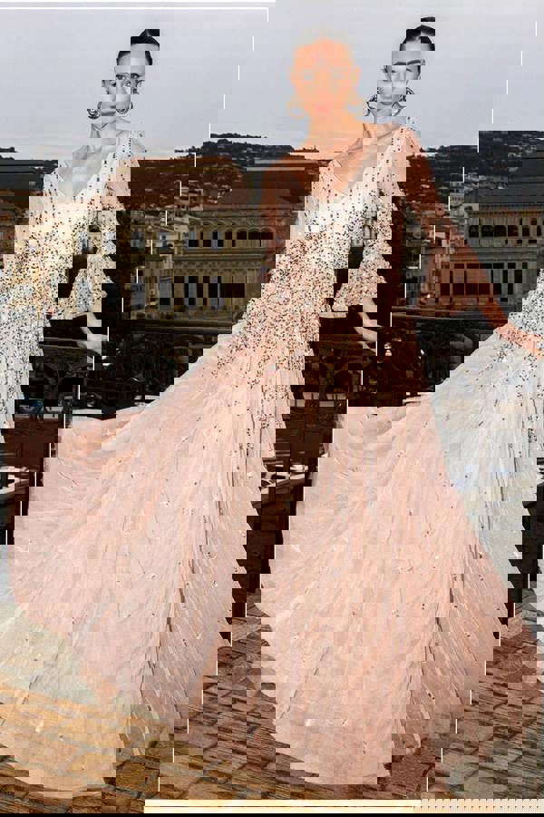 Sunray Hand Embellished Sequin A-Line Bell Sleeve Maxi Dress - Champagne DR4654