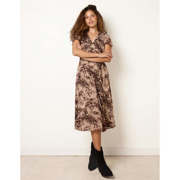 Blue Vanilla Abstract Animal Mesh Shirred V Neck Midi