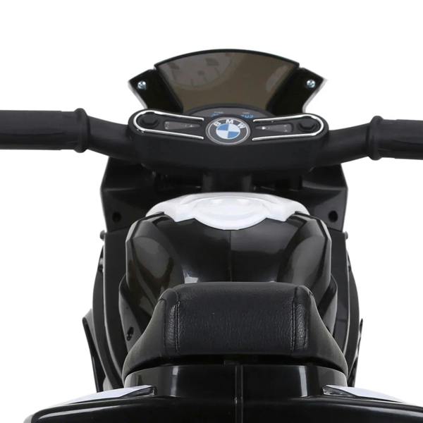 Kids electric ride-on motorbike dashboard with BMW emblem and black tinted windshield.