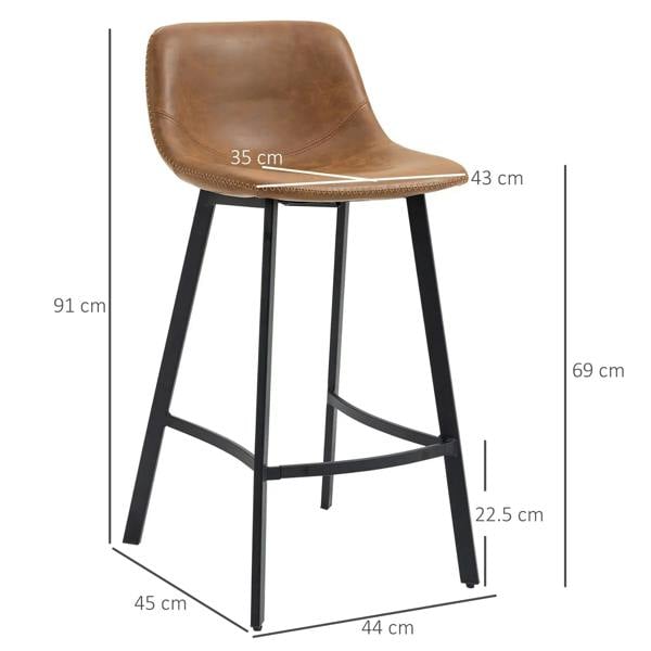 Brown bar stool with cushioned seat and black legs, side view with size markers