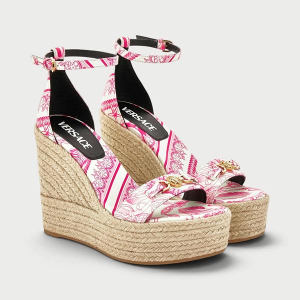 Supplied Fashion pink and white patterned platform espadrille wedges with gold Medusa hardware and ankle straps