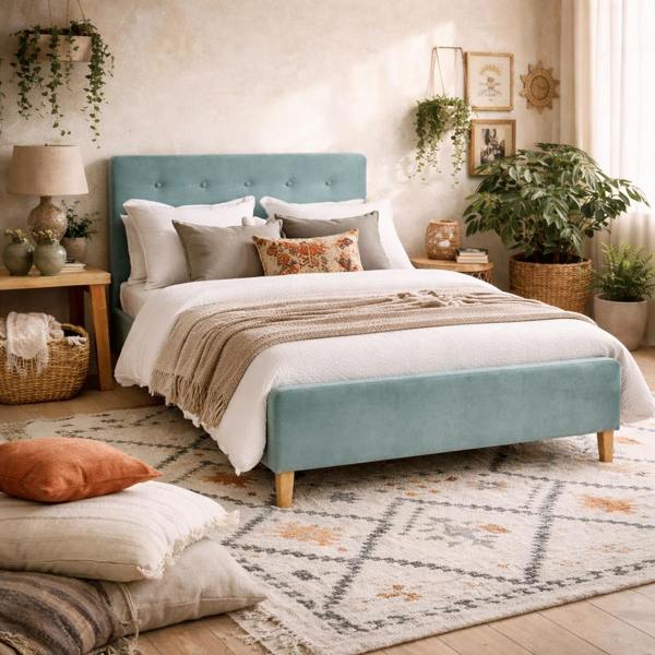 Wyld Haus Kinsale Soft Aqua Blue 5ft King Size Bed Tufted Velvet Headboard and Footboard