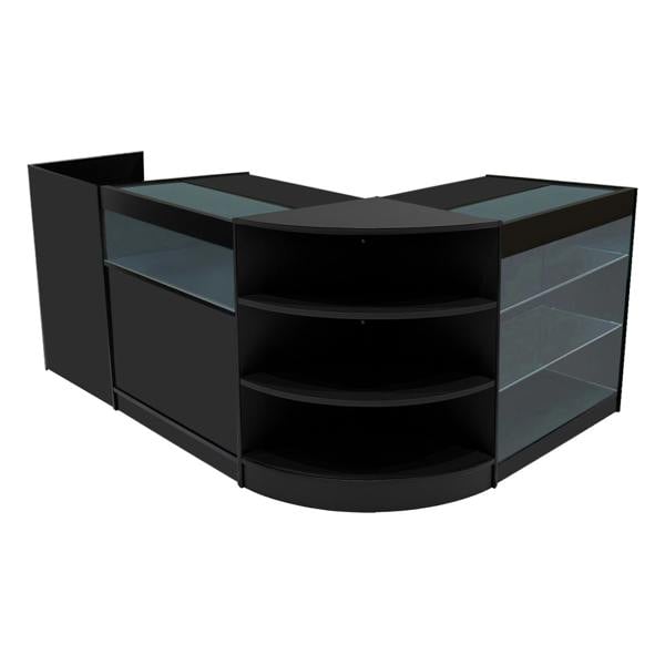 Black Hyperion LED shop counter set featuring sleek glass shelves, curved edges, and modern design for retail displays