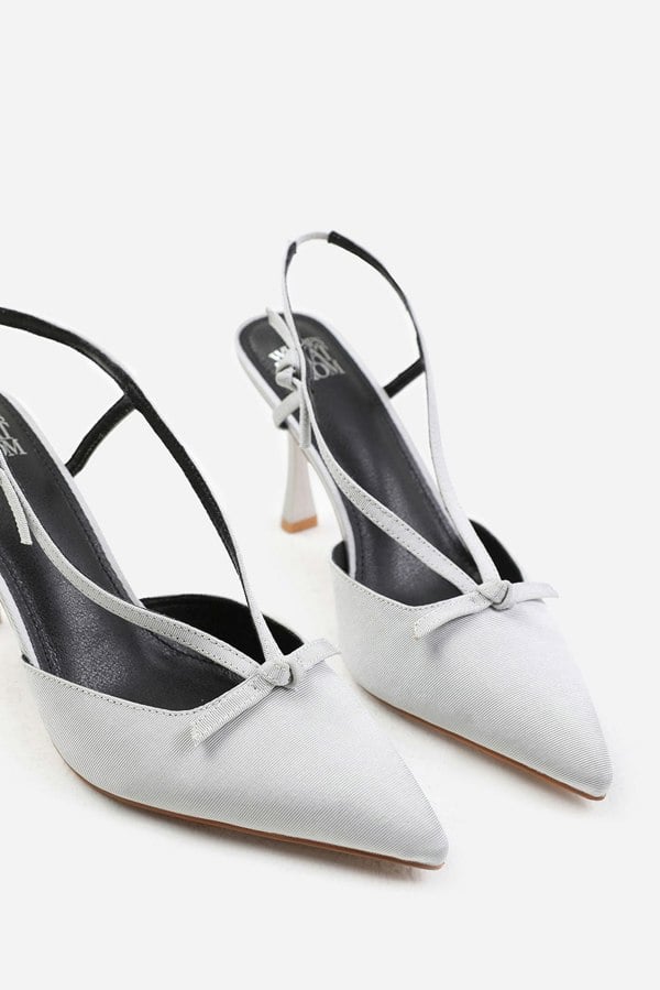 Where's That From Mabel Wide Fit High Heel With Pointed Toe and Strap Detail in Silver Satin