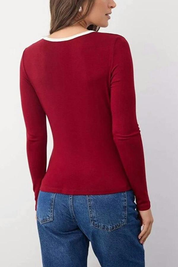 WOVCOR Color Block Knit Blouse with Button Details