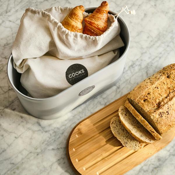 Cooks Professional Bread Bin, Linen Bag and Bamboo Board Set | Grey / Silver