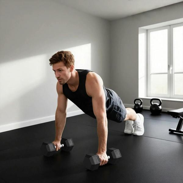 Man holding black hex rubber dumbbells during a floor fitness stance