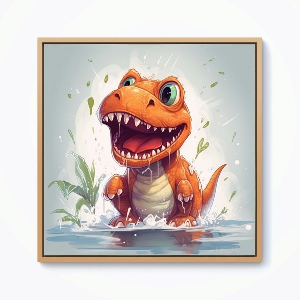 Warren Reed Dino Having A Splash Framed Canvas