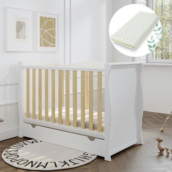 Viculii Willow Sleigh Mini Cot Bed White Natural with Drawer and Bamboo Mattress