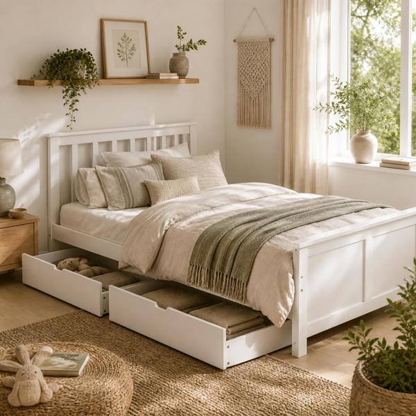 Wyld Haus Sutton White Wooden Single Bed Frame 2 Integrated Storage Drawers