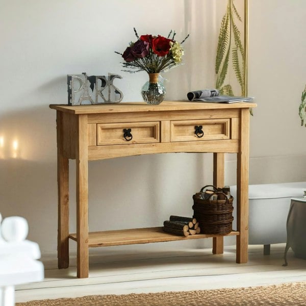 Rafaelo Mobilia Pine Console Hallway Table With 2 Drawers Brown
