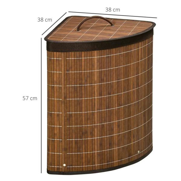Brown bamboo laundry hamper with lid, corner basket silhouette