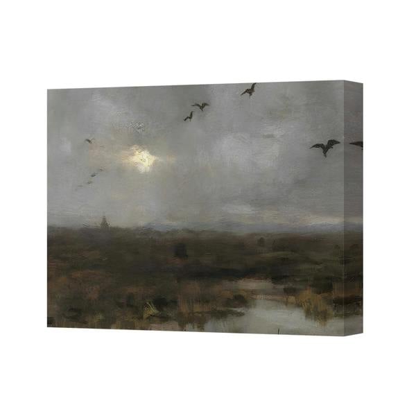 Benjamin Tate Design Moody Landscape Canvas Wall Art With Birds Over Marsh Wetland Scene