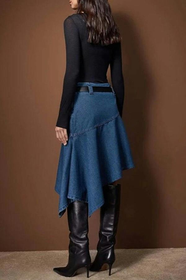 WOVCOR Belted Asymmetrical Midi Denim Skirt