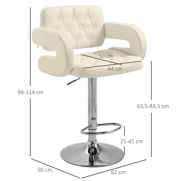 Beige height-adjustable swivel bar stool with padded back, armrests, chrome footrest