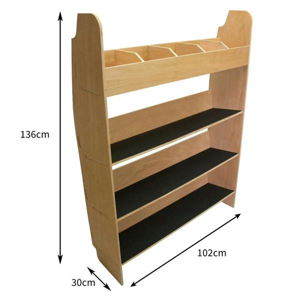 Ford Transit Custom toolbox van racking in light wood with three shelves and five top compartments for organized storage solutions