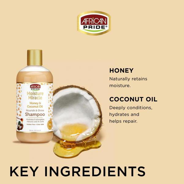 african pride honey & coconut oil shampoo deeply penetrate and hydrate natural coils and curls, leaving the hair soft, nourished and with a natural shine.