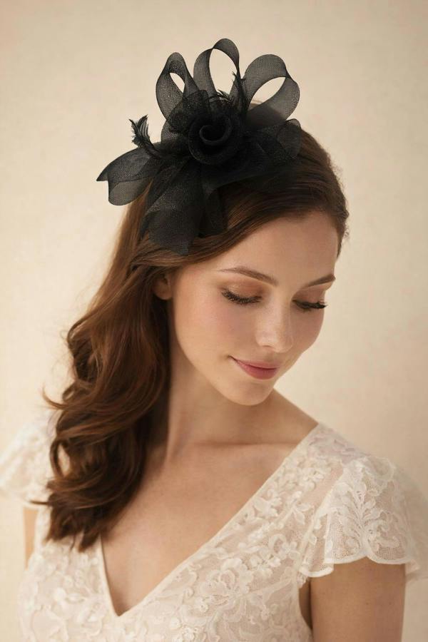 Folded Bow Fascinator with Tipped Feathers in Black - svnx