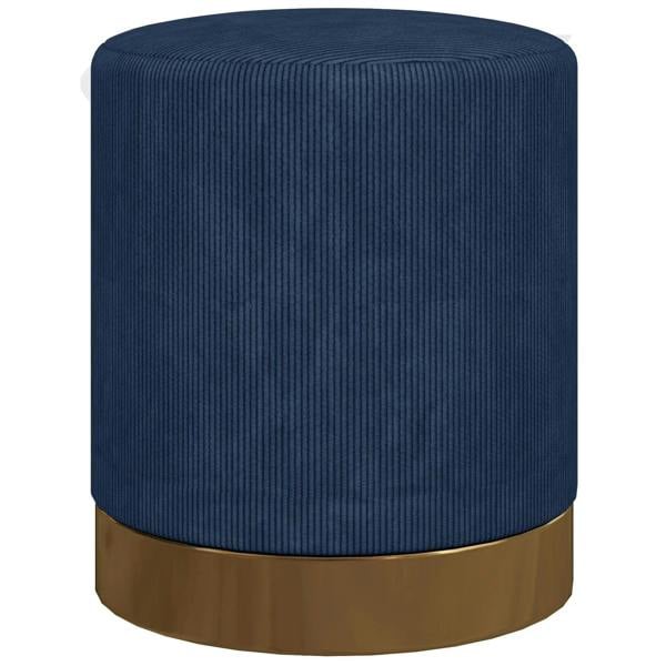 Dark blue padded corduroy round footstool with cushioned top and brown base