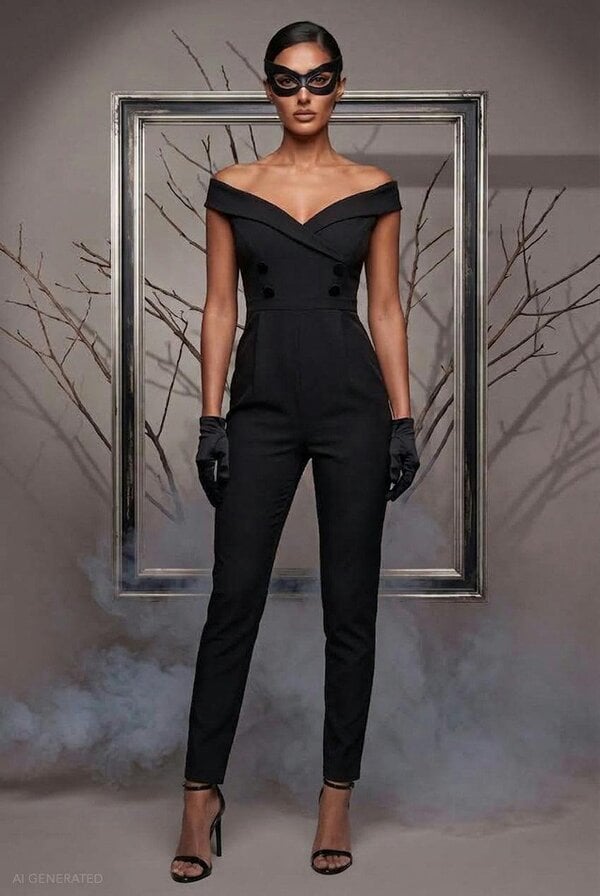 Goddiva Off The Shoulder Jumpsuit Catwoman-Inspired Halloween Costume - Black by Goddiva