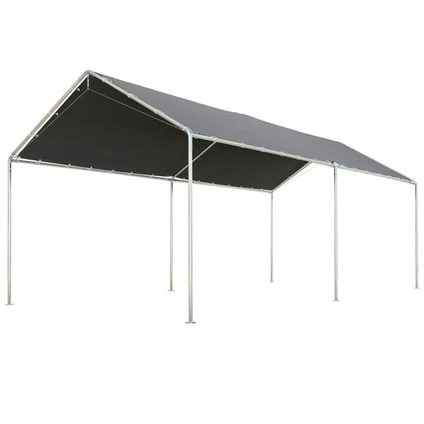 Grey heavy-duty carport canopy, open sides, black roof panels, galvanized steel frame