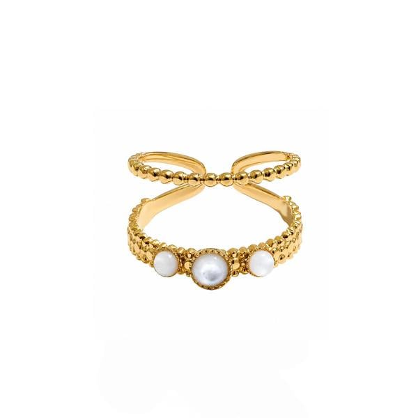 A gold ring with three white pearls set in a textured bezel, featuring a bow-shaped top band, shown on a plain white background.