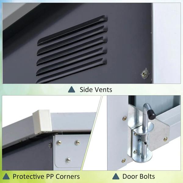 Black steel storage shelter side vents, corner brackets, and door bolt hardware close-up