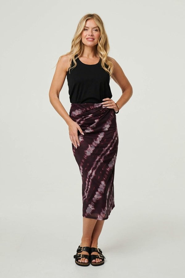 Burgundy | Tie Dye Ruched High Waist Midi Skirt
