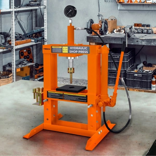 T-mech Hydraulic Shop Press with Gauge – 10 Tonne