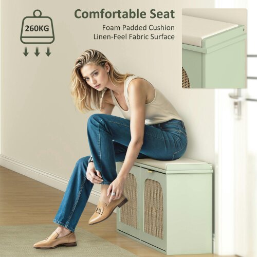 Wyld Haus Rika Wooden Light Green Boho Style Shoe Bench With Cushioned Seat And 2 Flip Drawers