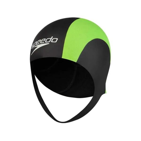 Speedo Xenon neoprene cap in black and neon yellow with sleek silicone finish