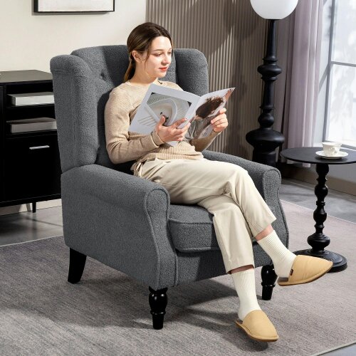 Wyld Haus Nocova Grey Boucle Retro Wingback Accent Armchair Soft Sherpa Fleece Upholstery