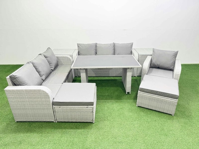 Fimous Rattan Garden Furniture Dining Set 9 seater Patio Rectangular Table Sofa Set with 2 Side Tables 2 Big Stools Light Grey