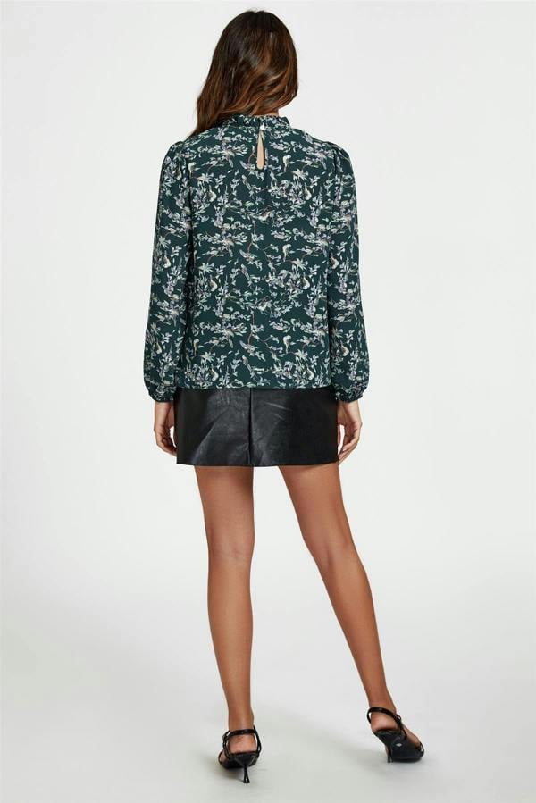 FS Collection Bird & Floral Print Frill Detail High Neck Top In Green