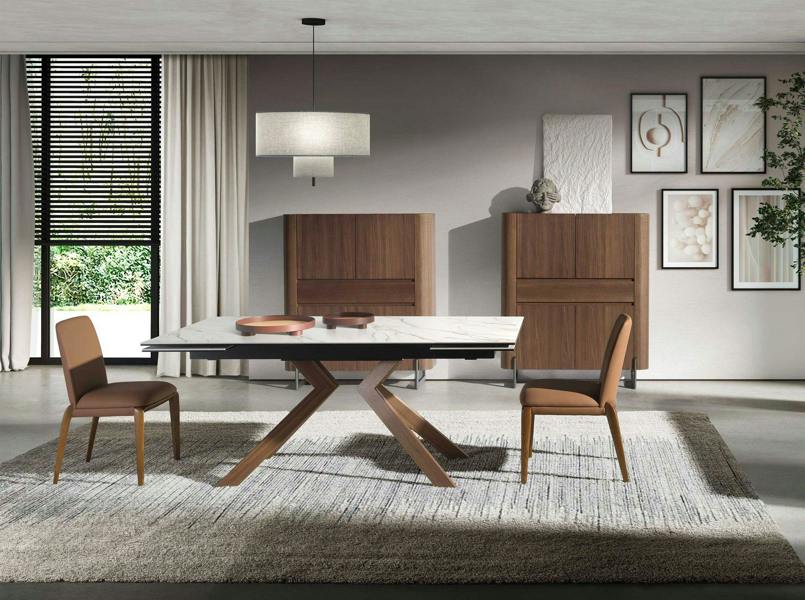 Angel Cerdá Rectangular extending dining table in porcelain marble and walnut effect steel 1120