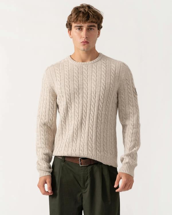 Man wearing Belstaff Mens Westport Crew Neck Cable Knit Jumper - Pale Stone
