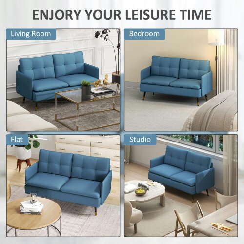 Wyld Haus Mado Fabric Dark Blue Button Tufted 2 Seater Sofa With Cushions And Steel Legs