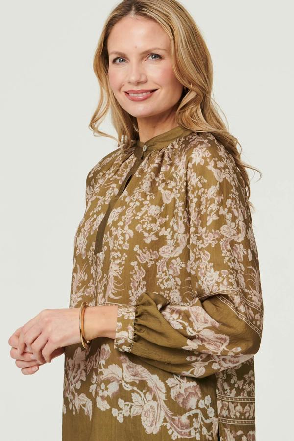 Green | Floral Long Sleeve High Neck Blouse