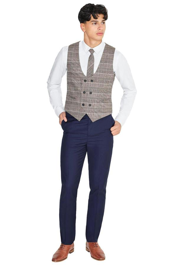 Roco Boys brown / navy waistcoat & trouser suit - Cillian