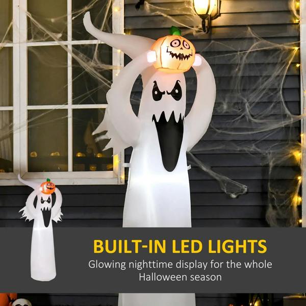 White inflatable ghost with jack-o-lantern head and built-in LED lights feature