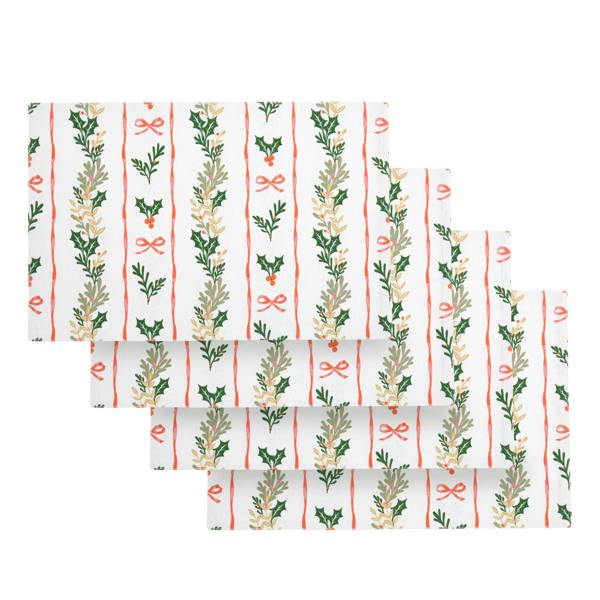 Catherine Lansfield Christmas Holly Stripe Cotton Dining Placemat 4 Pack Cream / Red