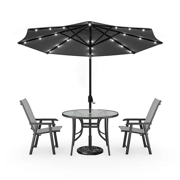 Living and Home 2 Person Patio Garden Dining Set With LED Umbrella & Folding Chairs