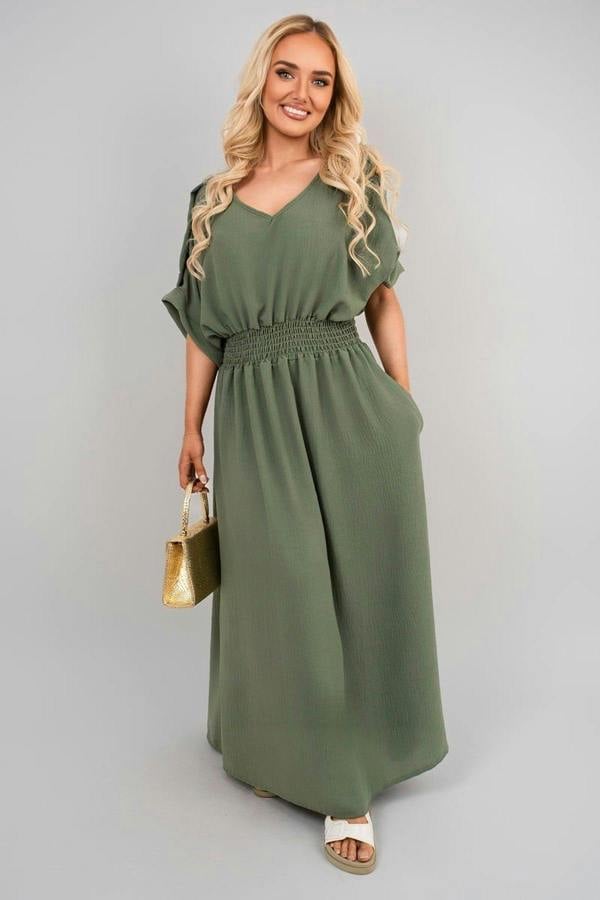 Zamara V Neck Short Sleeve Maxi Dress With Button Detail - Khaki