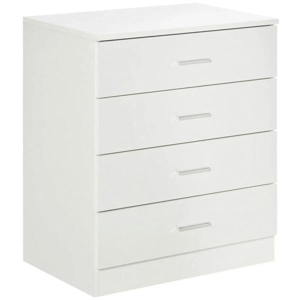 White four-drawer storage cabinet with metal bar handles and flat top.