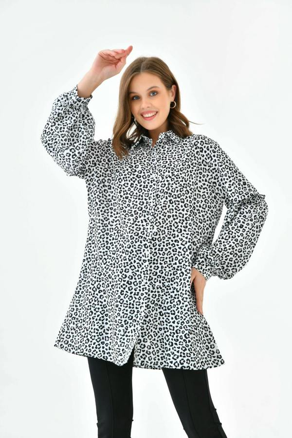 Hoxton Gal Oversized Balloon Sleeves Shirt Tunic with Leopard Print in Brown and Black